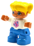 LEGO 47205pb037 Duplo Figure Lego Ville, Child Girl, Dark Azure Legs, White Top with Pink Butterfly, Yellow Hair with Ponytails