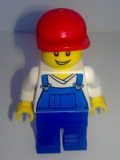 LEGO hol019 Overalls Blue over V-Neck Shirt, Blue Legs, Red Short Bill Cap, Open Grin