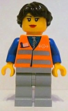 LEGO trn233 Orange Vest with Safety Stripes - Light Bluish Gray Legs, Dark Brown Hair Ponytail Long French Braided
